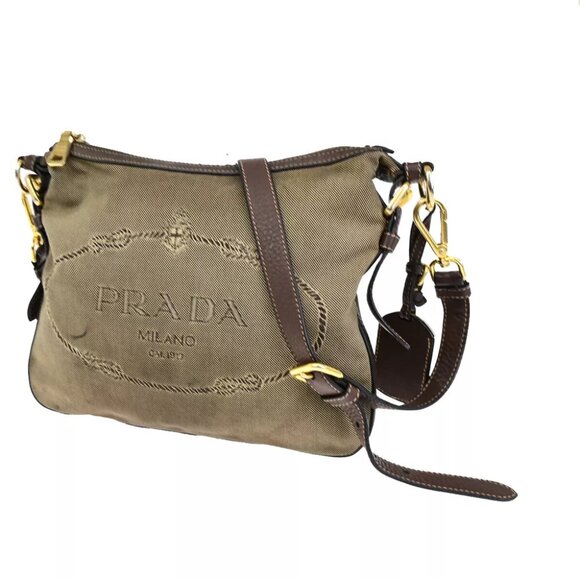 PRADA Logo Crossbody Shoulder Bag Jacquard Leather Brown GHW 60YF090 - Picture 1 of 16